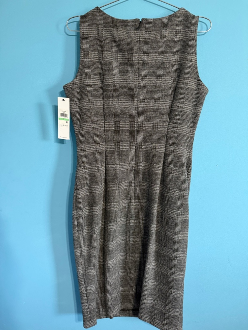 Calvin Klein Grey Glen Plaid Sleeveless Sheath Dress Side Sunburst Pleating Sz 8 - Picture 4 of 11
